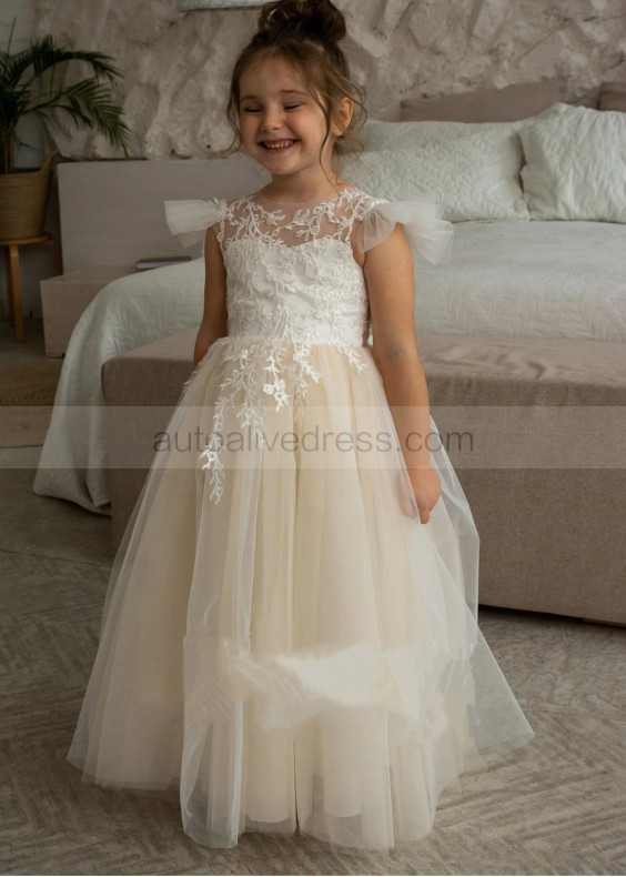 Ivory Sequined Lace Nude Tulle Flower Girl Dress With Detachable Train